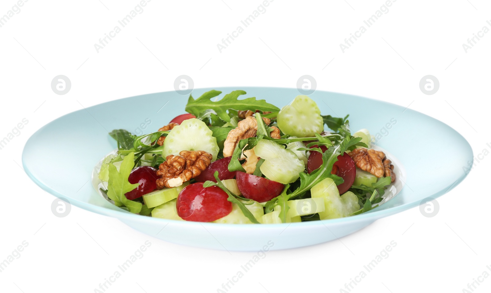 Photo of Delicious fresh celery salad isolated on white