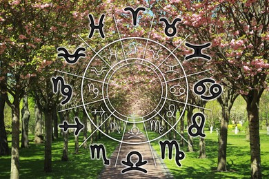 Image of Zodiac wheel and beautiful view on park with blooming trees