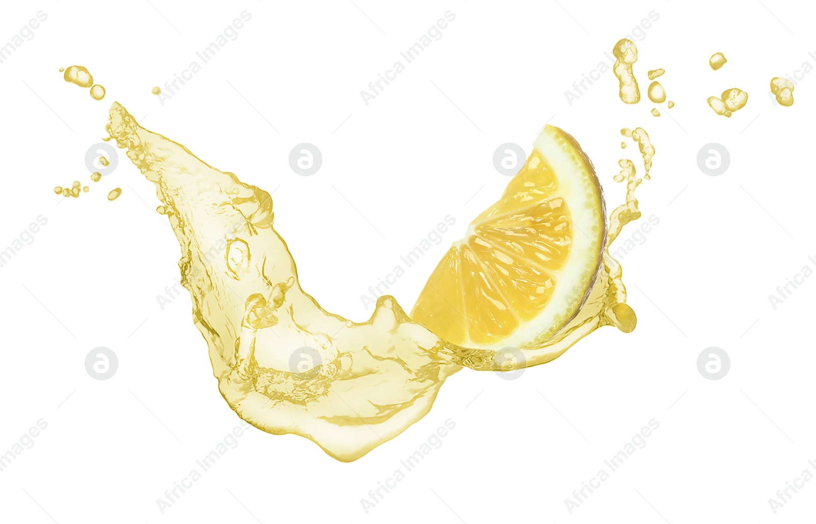 Image of Lemon piece and splash of juice on white background