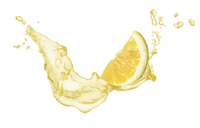 Image of Lemon piece and splash of juice on white background