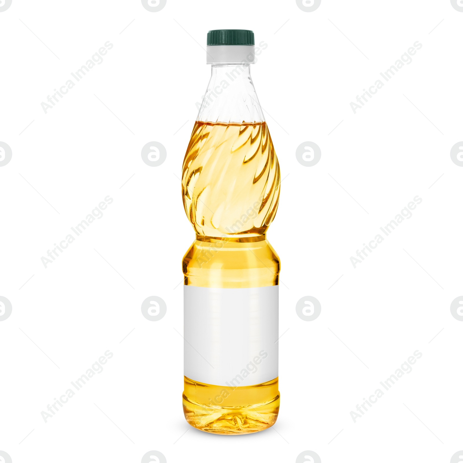 Image of Cooking oil in plastic bottle with empty label isolated on white. Mockup for design