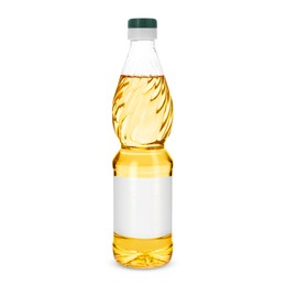 Image of Cooking oil in plastic bottle with empty label isolated on white. Mockup for design