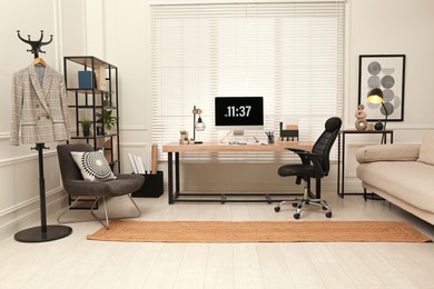 Home office interior with comfortable workplace near window