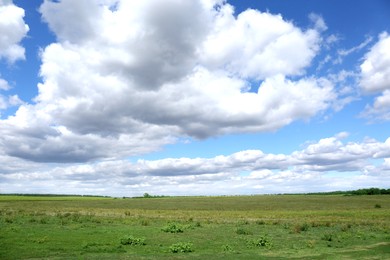 Photo of Picturesque view of beautiful fluffy clouds in light blue sky above field