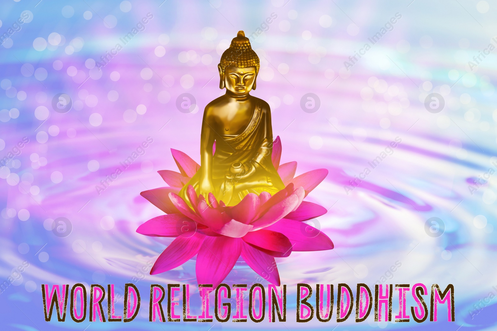 Image of Lotus flower with Buddha figure on water and text World Religion Buddhism