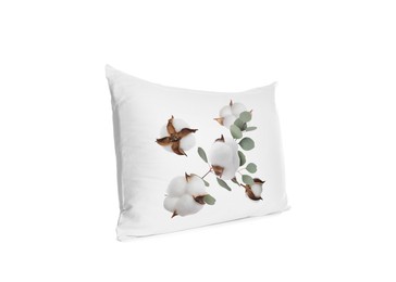 Image of Soft pillow with printed cotton flowers and leaves isolated on white