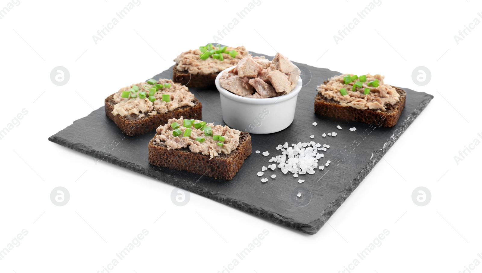 Photo of Tasty sandwiches with cod liver, salt and green onion isolated on white