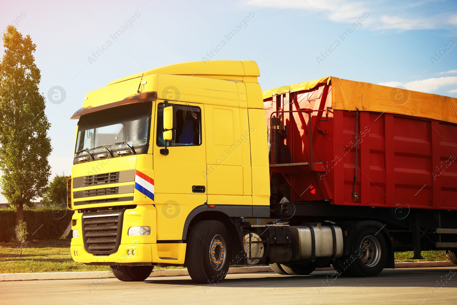 Photo of Modern bright truck parked on country road