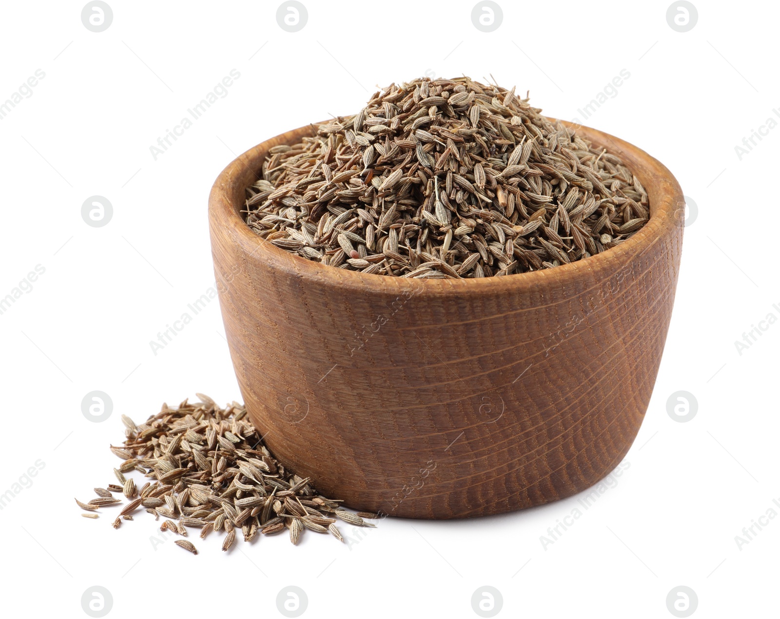 Photo of Bowl of aromatic caraway (Persian cumin) seeds isolated on white