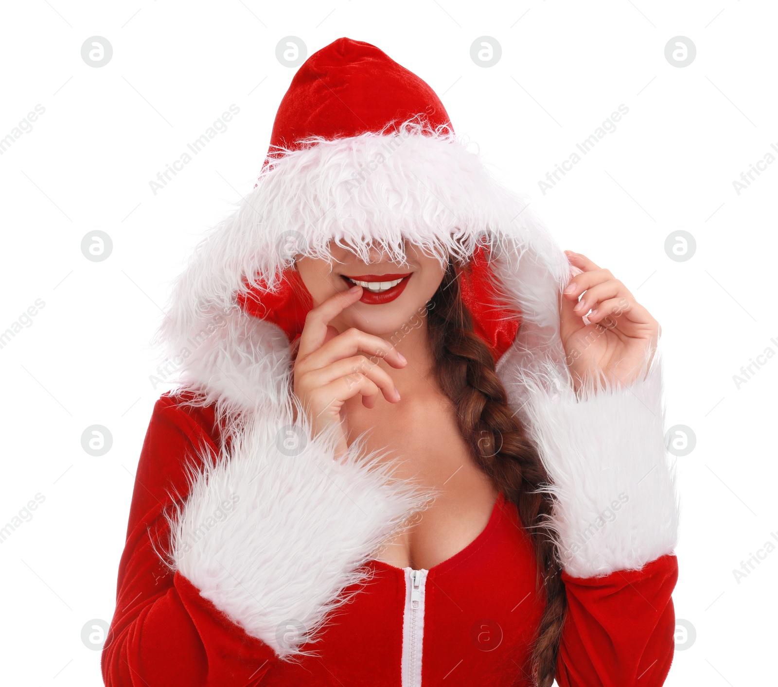 Photo of Santa girl on white background. Christmas eve