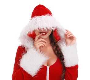 Santa girl on white background. Christmas eve