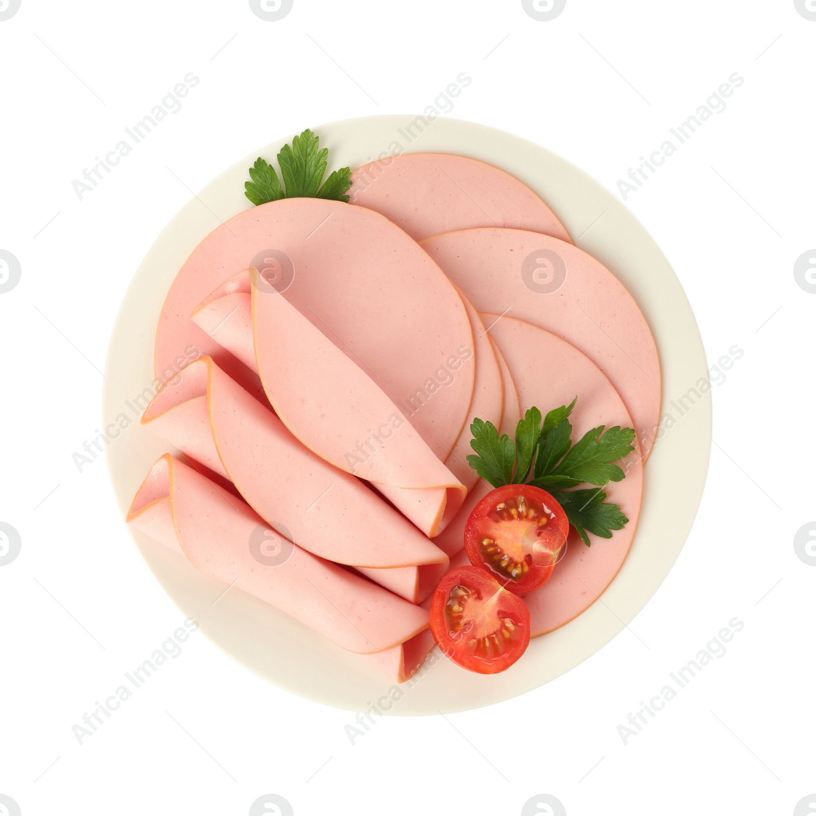 Photo of Slices of delicious boiled sausage with parsley and tomato on white background, top view