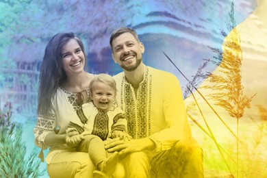 Image of Double exposure of happy family wearing national clothes and Ukrainian flag