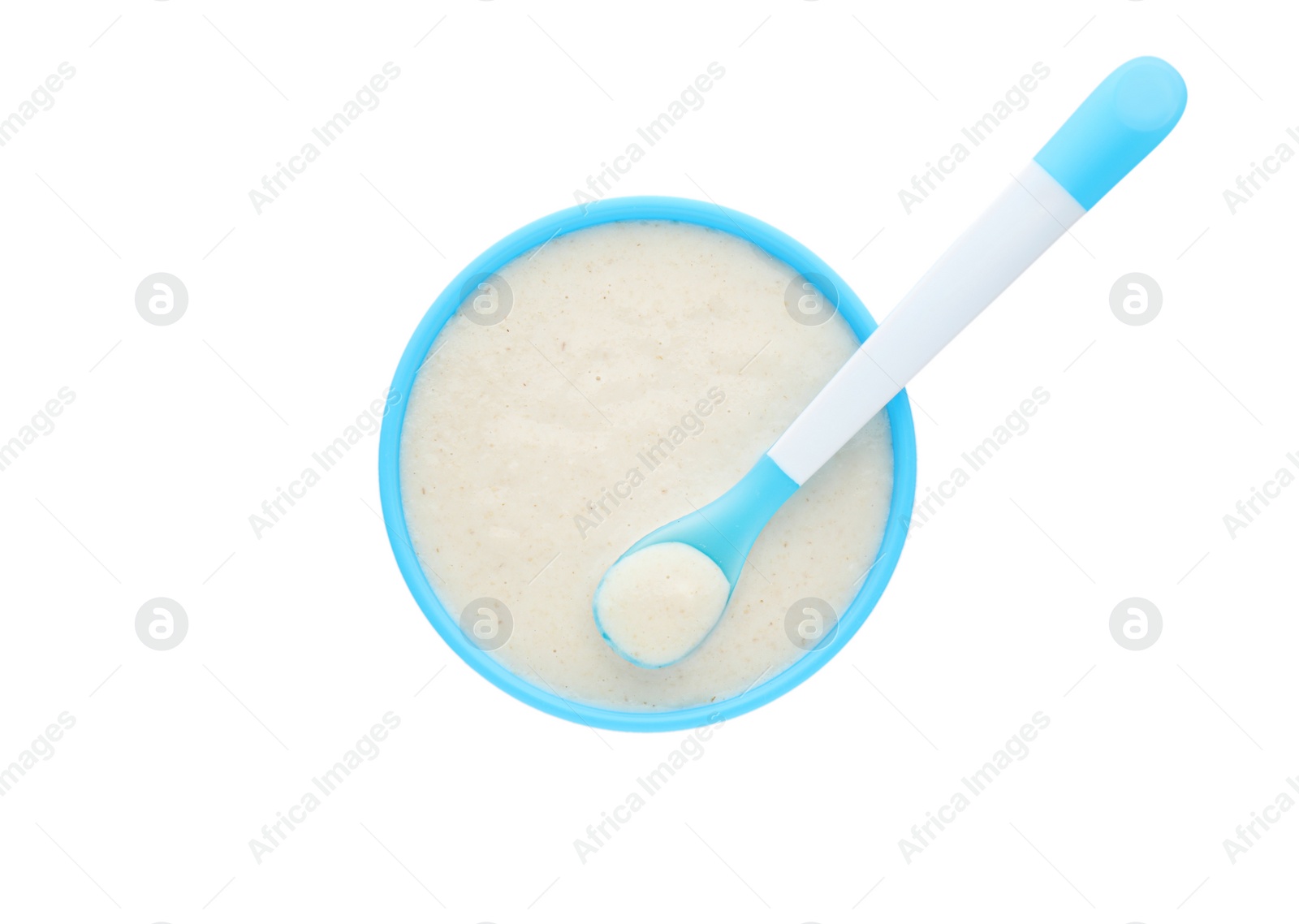 Photo of Healthy baby food in bowl on white background, top view