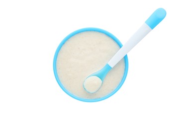 Photo of Healthy baby food in bowl on white background, top view