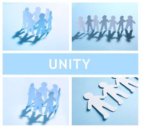 Image of Unity concept. Paper people chains on light blue background
