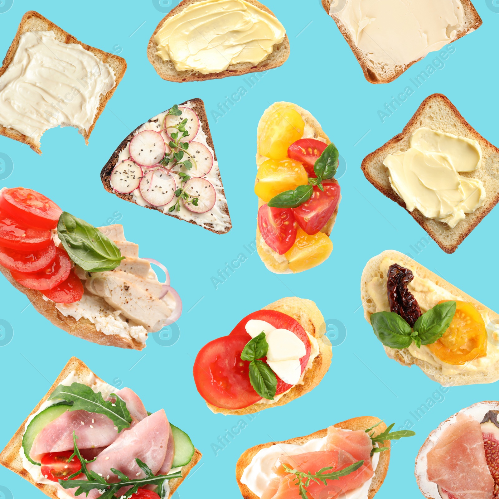 Image of Set of delicious toasted bread with different toppings on blue background, top view