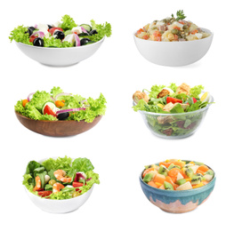 Image of Set with different salads on white background