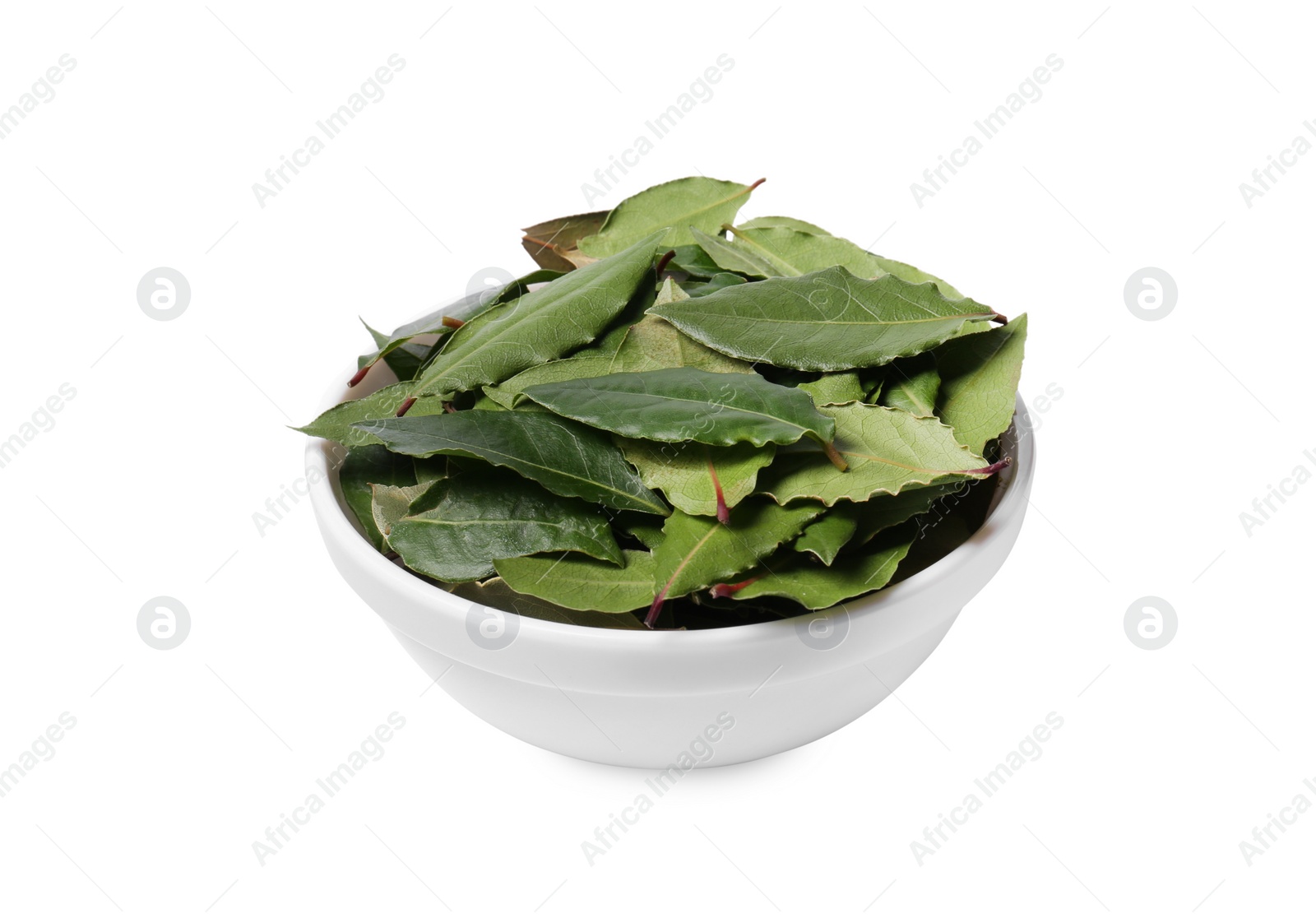 Photo of Bowl with bay leaves on white background