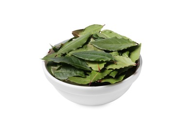 Photo of Bowl with bay leaves on white background