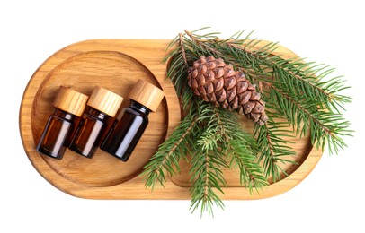Photo of Tray with bottles of pine essential oil, branches and cone on white background, top view
