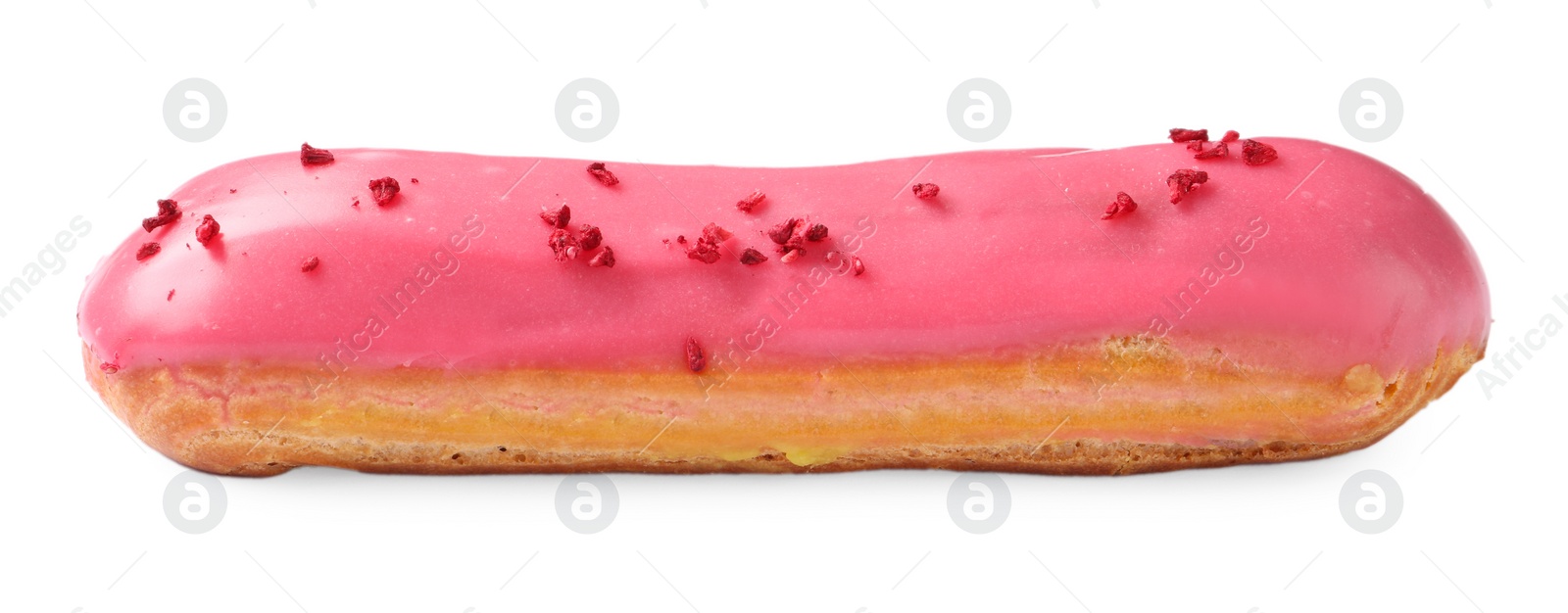 Photo of Delicious eclair covered with pink glaze isolated on white