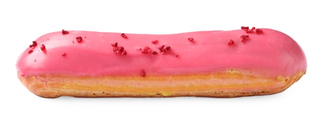 Delicious eclair covered with pink glaze isolated on white