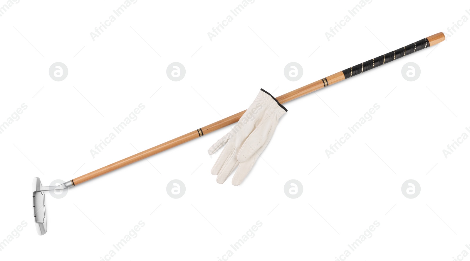 Photo of Wooden golf club and glove isolated on white, top view. Sports equipment