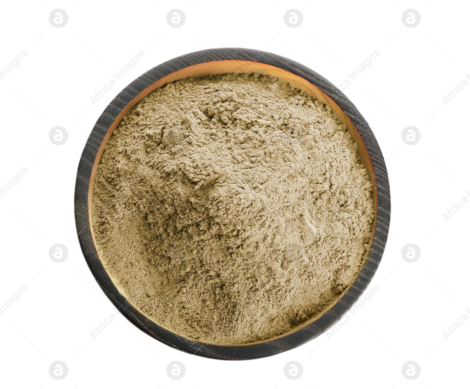 Photo of Bowl with hemp protein powder on white background, top view