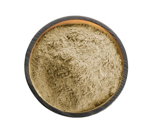 Bowl with hemp protein powder on white background, top view