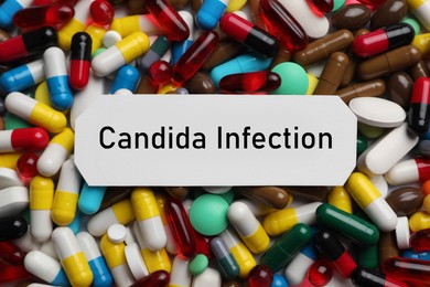 Sheet of paper with phrase Candida Infection on drugs, top view