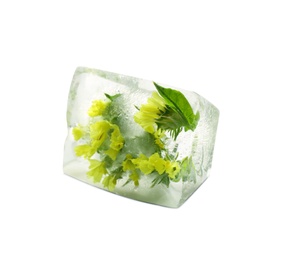 Ice cube with flower on white background