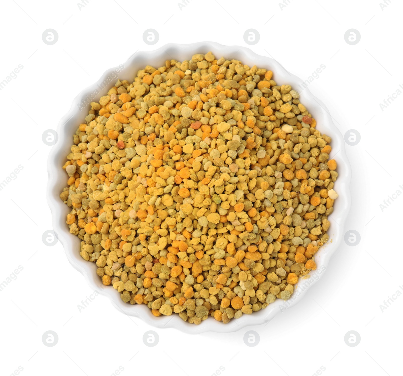 Photo of Fresh bee pollen granules in bowl isolated on white, top view