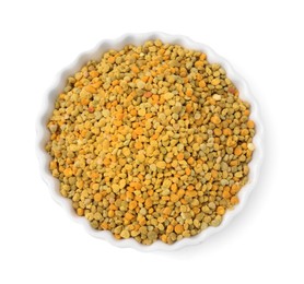 Fresh bee pollen granules in bowl isolated on white, top view