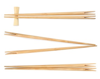 Image of Collage with wooden chopsticks isolated on white