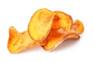 Photo of Tasty sweet potato chips isolated on white