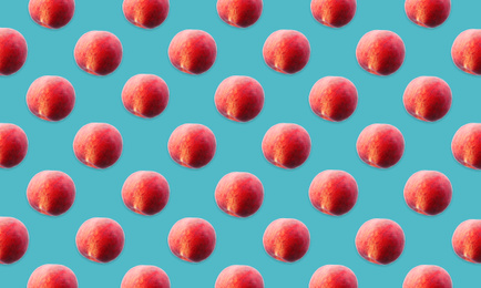 Image of Pattern of fresh peaches on blue background