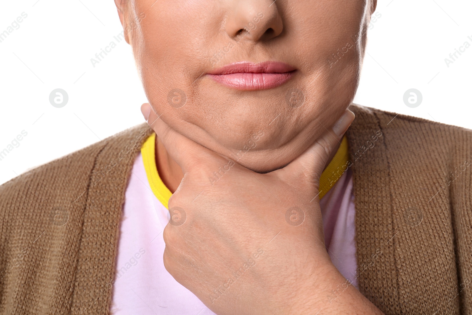 Photo of Woman with double chin on white background, closeup