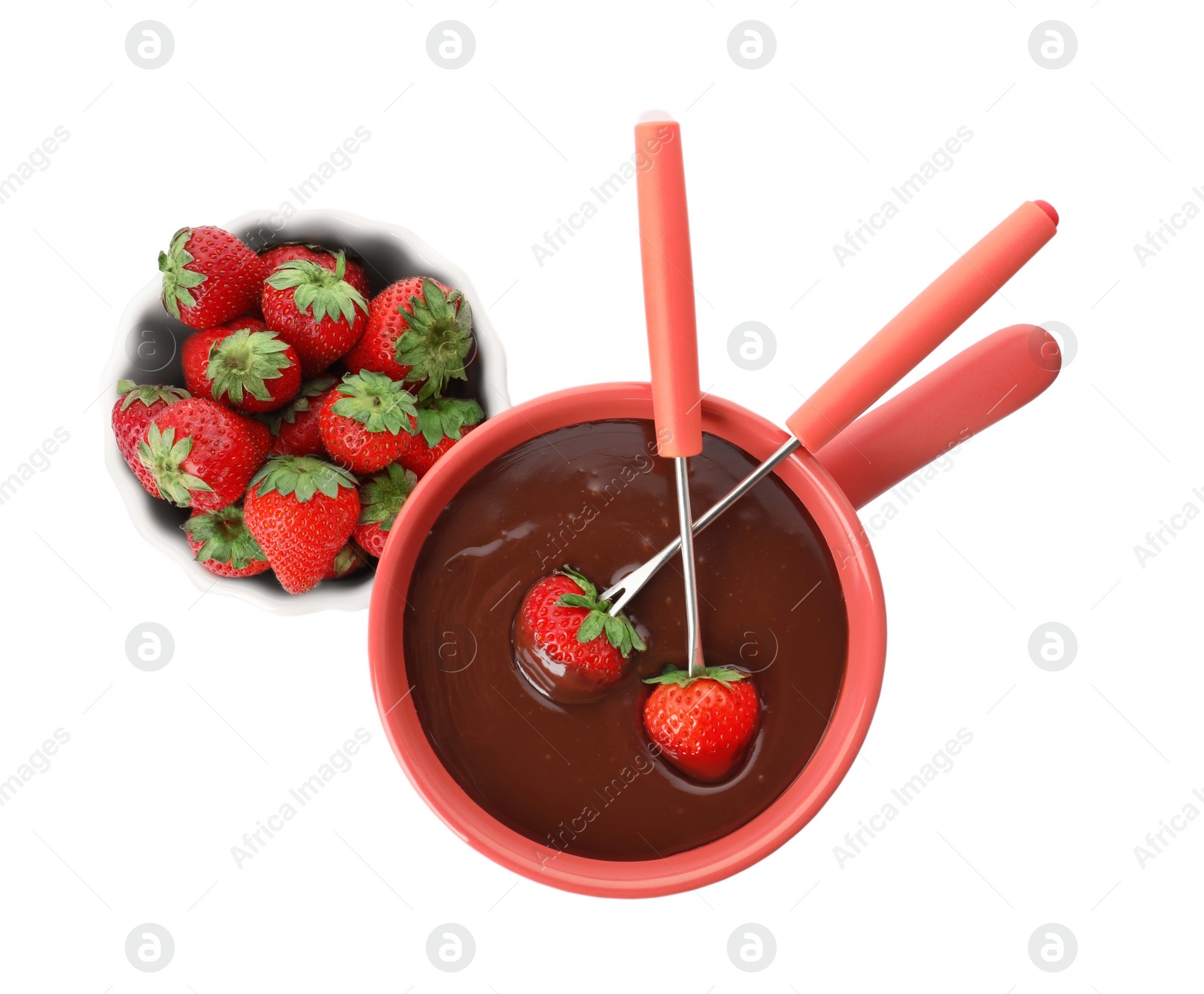 Photo of Fondue pot with chocolate and fresh strawberries isolated on white, top view