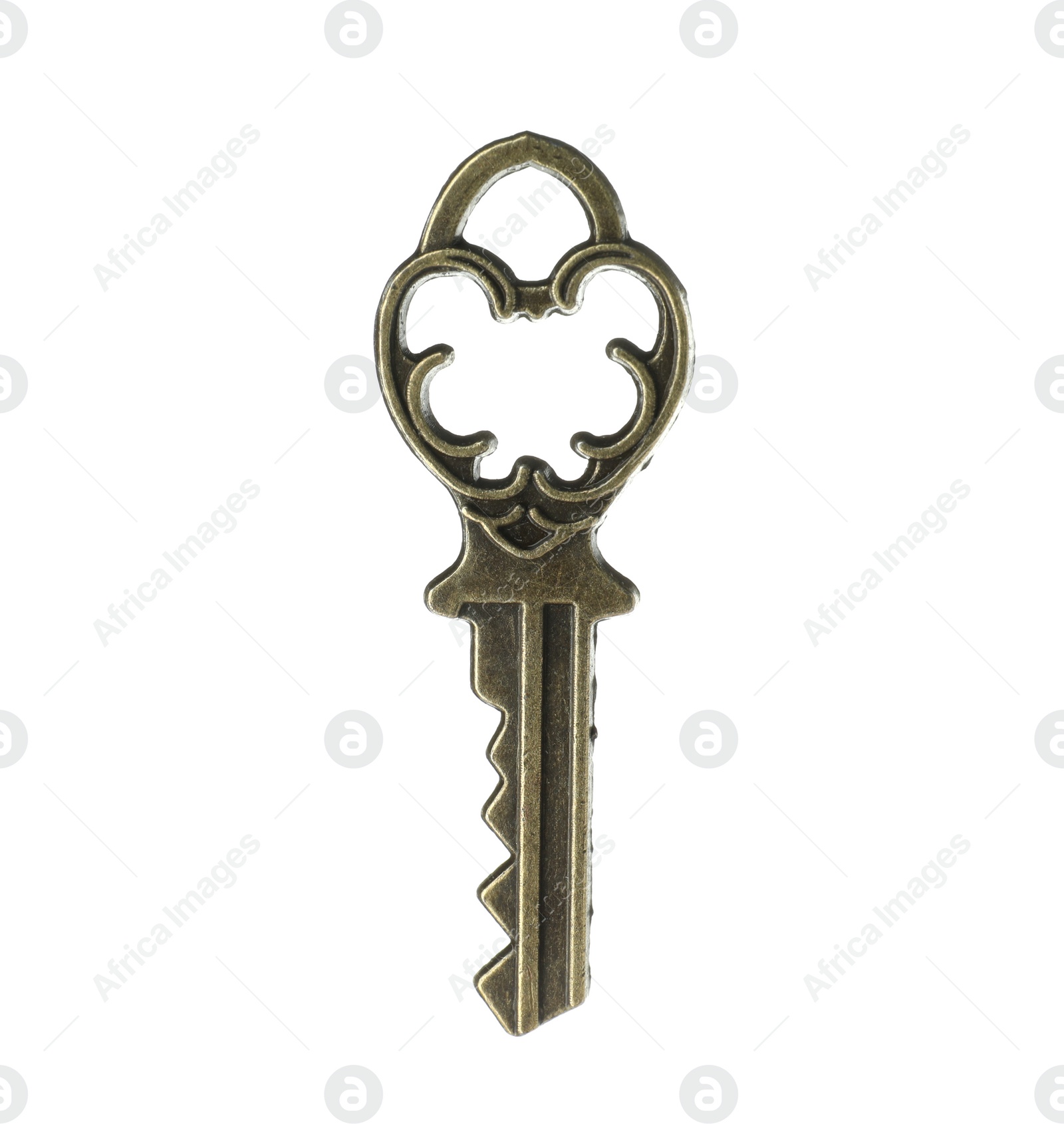 Photo of Bronze vintage ornate key on white background