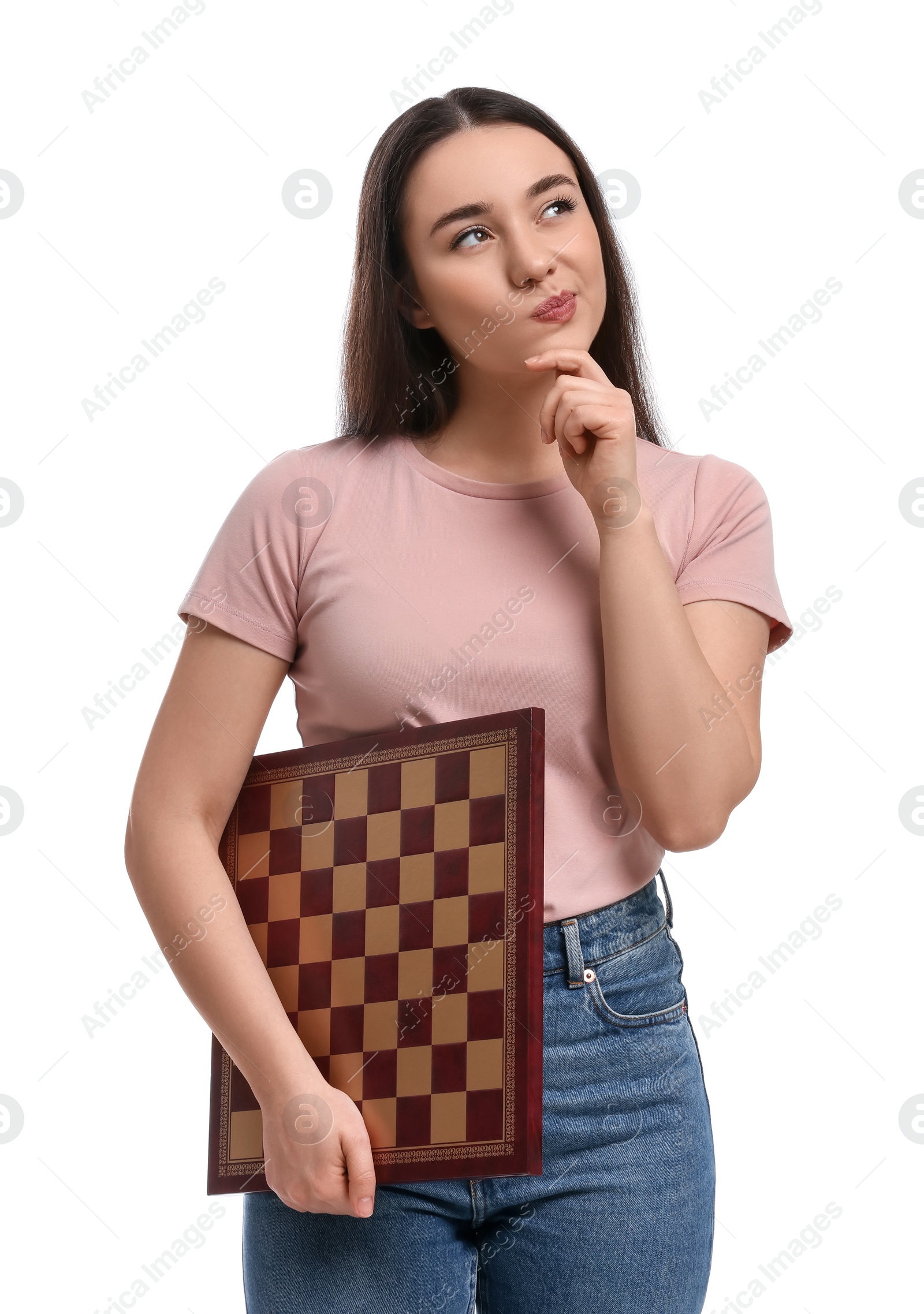 Photo of Thoughtful woman with chessboard on white background