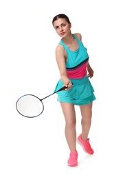 Photo of Young woman playing badminton with racket on white background