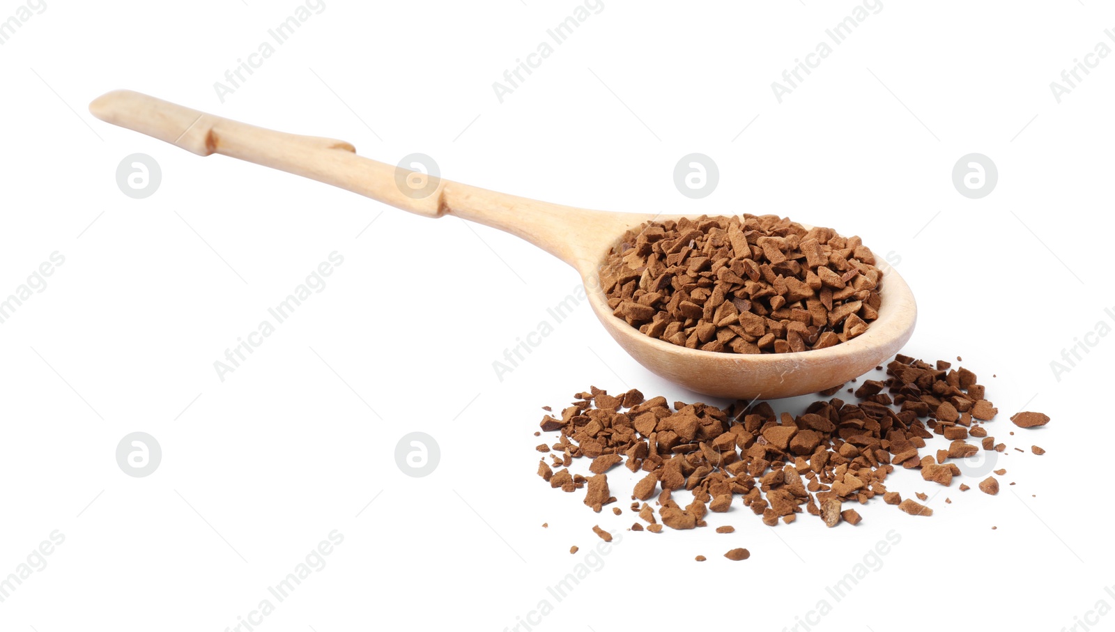 Photo of Wooden spoon of instant coffee on white background