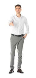 Photo of Business trainer reaching out for handshake on white background