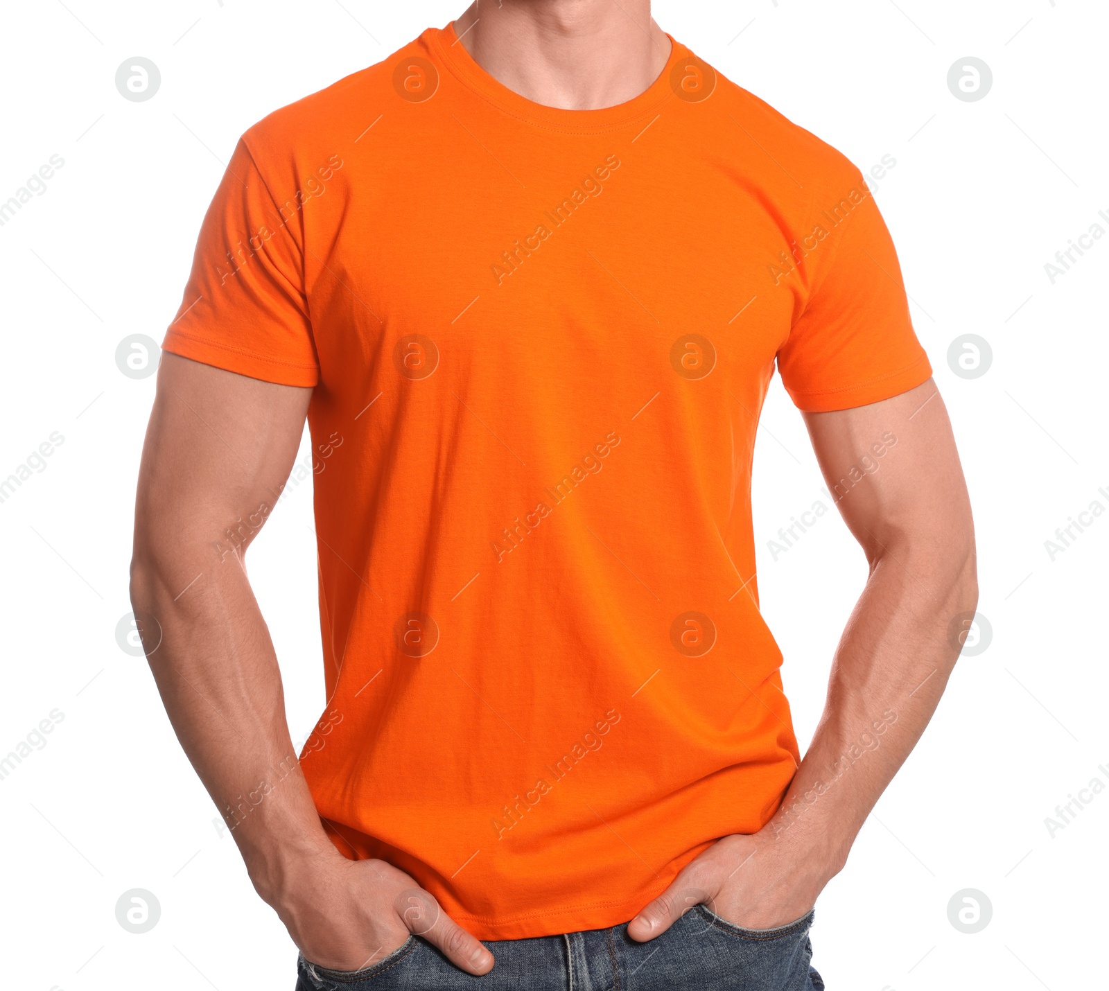 Photo of Man wearing orange t-shirt on white background, closeup. Mockup for design