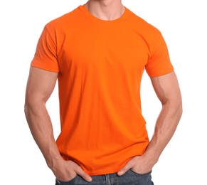 Man wearing orange t-shirt on white background, closeup. Mockup for design