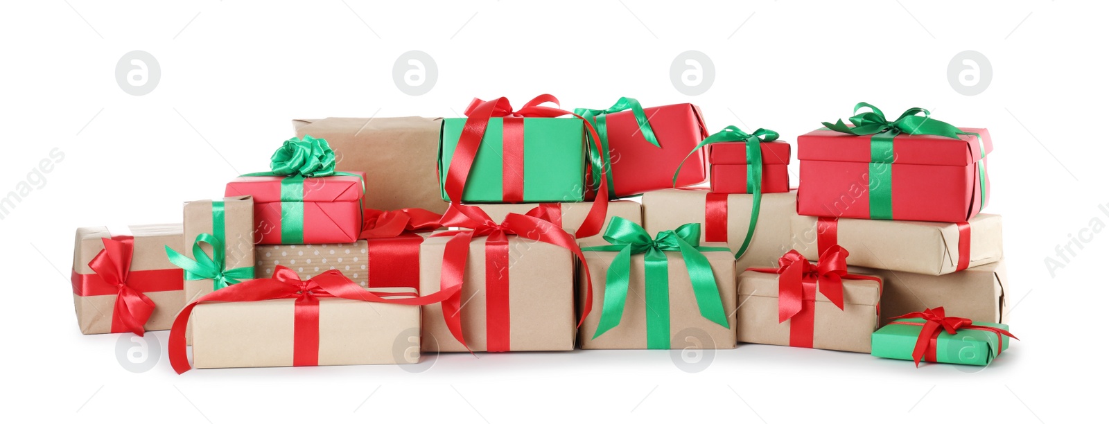 Photo of Many different Christmas gift boxes isolated on white