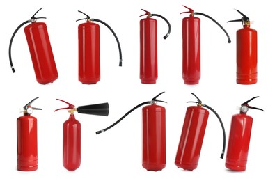 Image of Set with fire extinguishers on white background