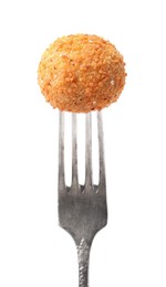 Fork with delicious fried tofu ball on white background, closeup