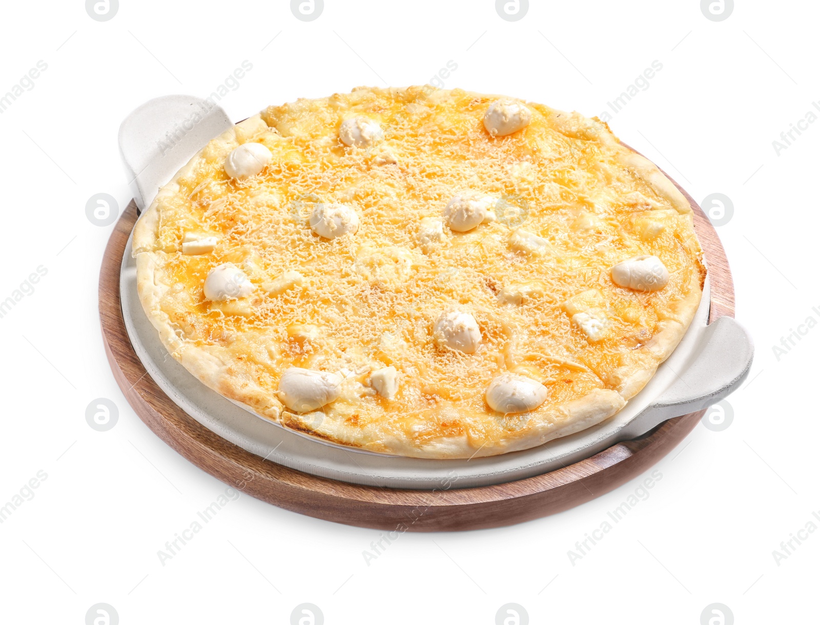 Photo of Fresh tasty homemade pizza on white background